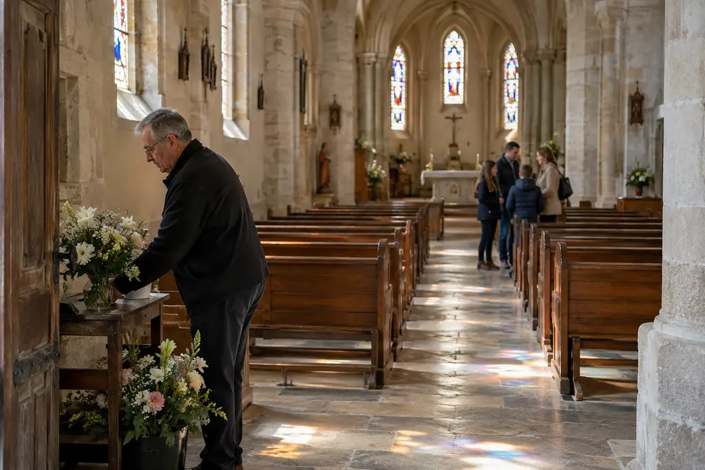Un sacristain prépare des fleurs dans une église de village où une famille est réunie.