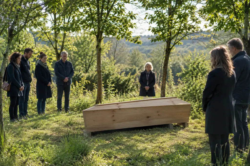 Un cercueil en bois brut se trouve dans une clairière entourée de proches et de jeunes arbres.