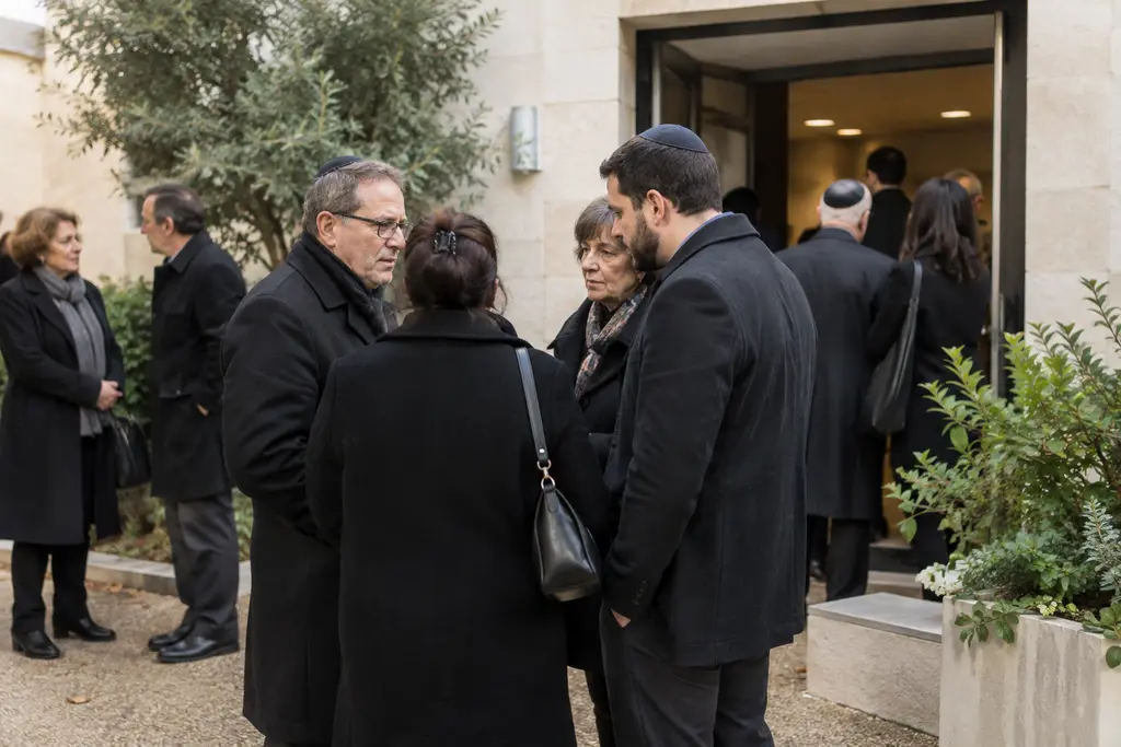 Des proches se réunissent dans une cour calme attenante à un lieu communautaire.