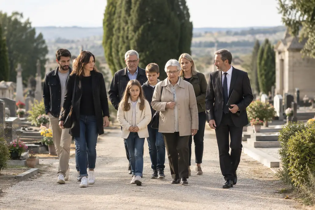 Une famille accompagnée d’un responsable funéraire avance dans une allée de cimetière.