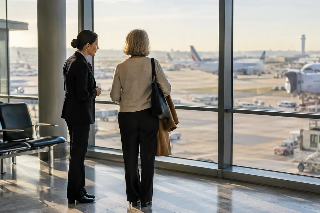 Une femme attend avec un agent dans le hall vitré d’un aéroport français.