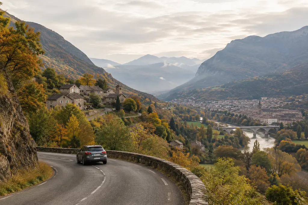 Une voiture suit une route de montagne reliant un village à une petite ville.