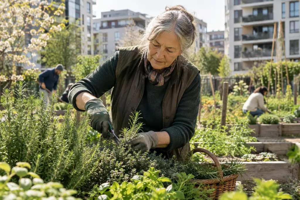 Une femme de soixante-dix ans entretient des herbes aromatiques dans un jardin partagé parisien.