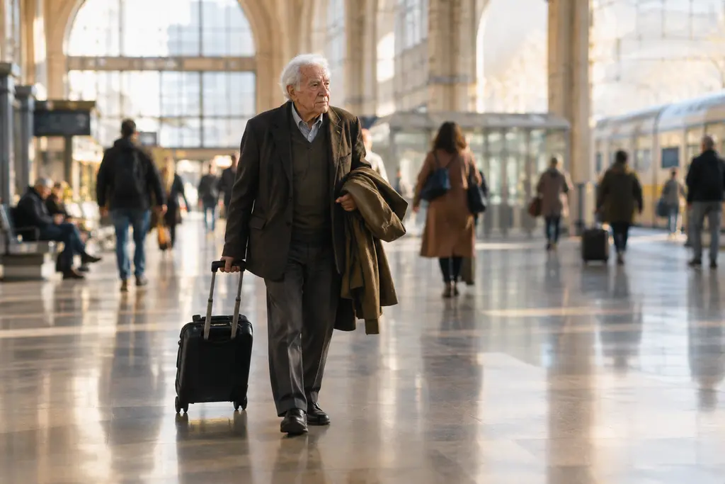 Un homme de plus de quatre-vingts ans traverse le hall lumineux d’une gare de province.
