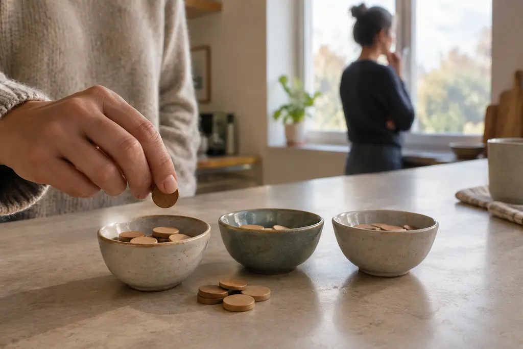 Une main répartit des jetons de bois entre trois bols sur un comptoir clair.