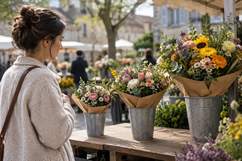 Une cliente compare trois bouquets de tailles différentes chez un fleuriste de village.