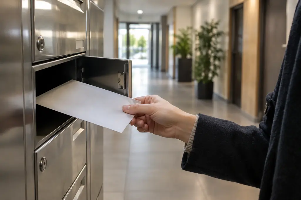 Une main retire une enveloppe neutre d’une boîte aux lettres dans un immeuble.