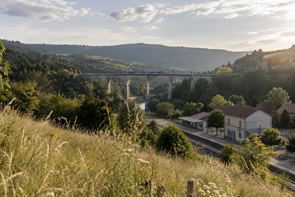 Un train régional traverse un viaduc au-dessus d’une vallée française verdoyante.