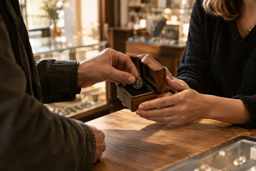 Une bijoutière referme une petite boîte en bois après qu’un client y a déposé un objet.