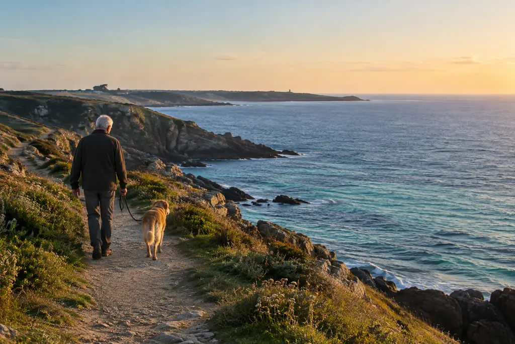 Un homme âgé marche avec son chien sur un sentier côtier breton.