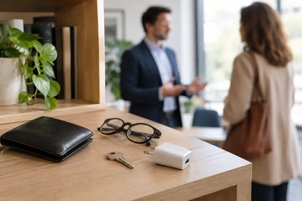 Un portefeuille fermé et de petits objets du quotidien reposent sur une étagère de bureau.